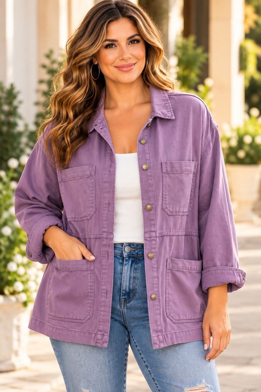 H&M Divided Women’s Purple Utility Jacket Button Front Pockets Relaxed Fit M